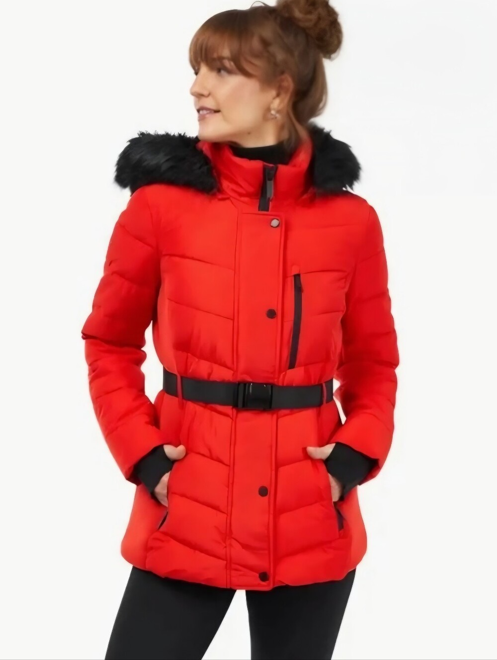 London Fog Women's Puffer Jacket with Removable Faux Fur Hood Size-Med *No Belt